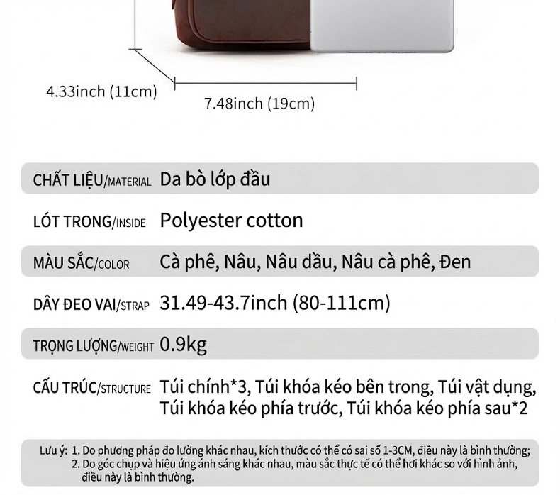 Túi Đeo Chéo Nam Da Mờ Phong Cách Retro Cao Cấp Màu Nâu chi tiết 38