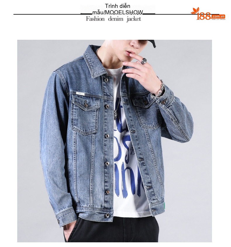 Áo Khoác Jean Nam Cổ Điển Dáng Đứng Phong Cách Thời Trang Màu Xanh Denim chi tiết 5