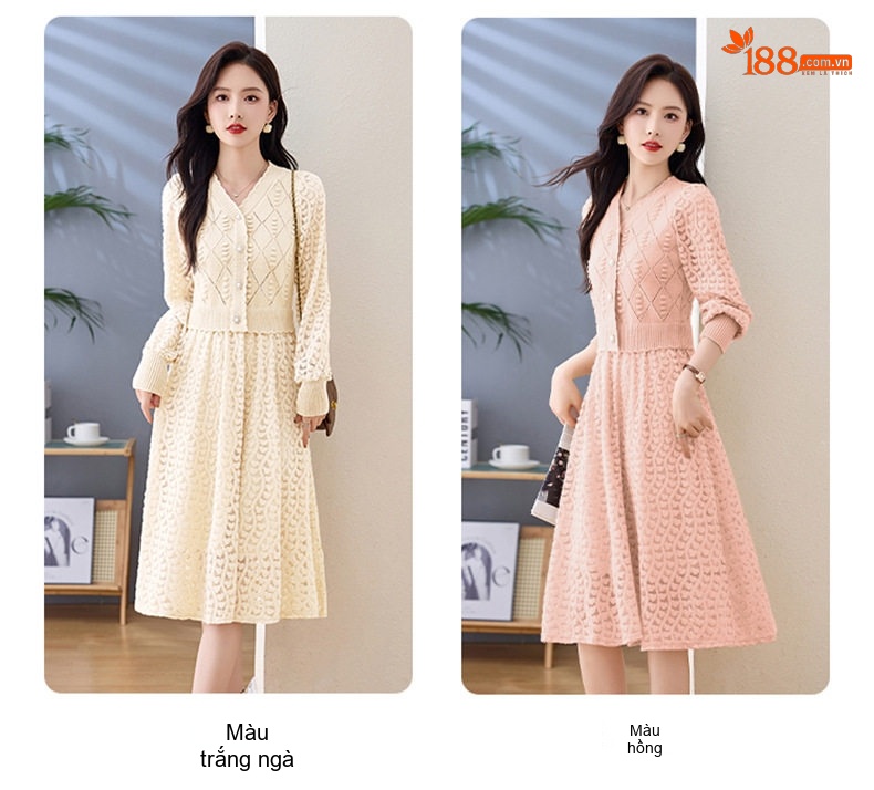 Váy Dệt Kim Nữ Cổ chữ V Đính Cúc Ngọc Trai Phối Ren Phong Cách Quý Cô Màu Be, Đen, Hồng chi tiết 16