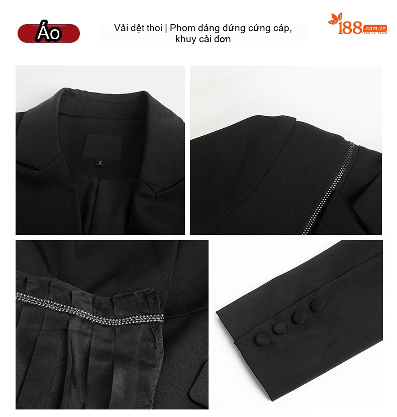 Đầm Vest Nữ Thiết Kế Tay Dài Cổ chữ Vest Chiết Eo Dáng Ngắn Màu Đen chi tiết 5