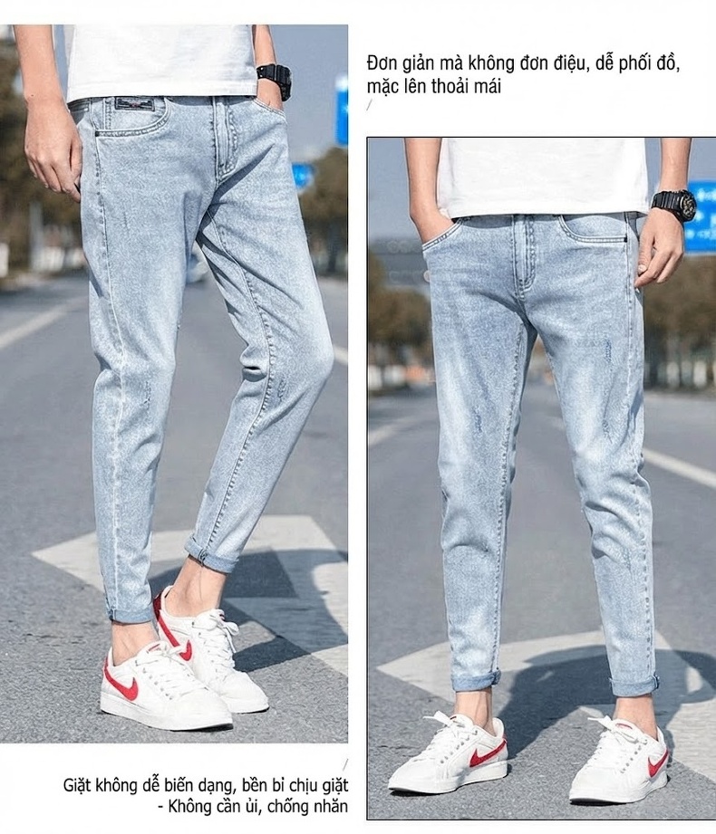 Quần Jean Nam Dáng Slim Fit Ống Lửng Phong Cách Casual Màu Xanh chi tiết 44
