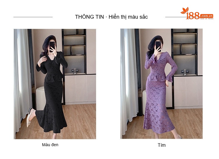 Set Bộ Áo Tay Loe Cổ chữ V Chân Váy Đuôi Cá Ren Nữ Tính Màu Đen, Tím chi tiết 6