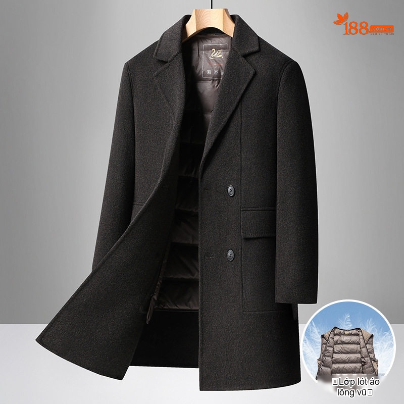 Áo Khoác Dạ Nam Dáng Dài Lót Lông Vũ Tháo Rời Cổ chữ Vest Phong Cách Doanh Nhân Màu Đen, Xám