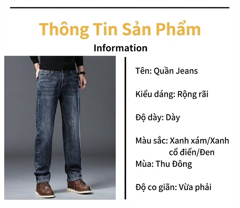 Quần Jean Nam Ống Suông Rộng Co Giãn Thoải Mái Dáng Trung Niên Màu Xanh Đậm, Xanh Nhạt chi tiết 12