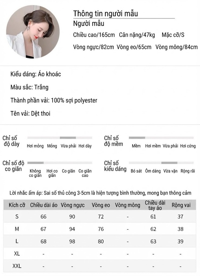 Áo Khoác Blazer Nữ Dáng Ôm Vai Độn Thu Đông Thời Trang Công Sở Màu Trắng chi tiết 2