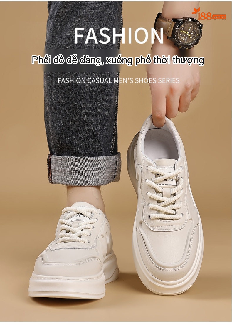 Giày Thể Thao Nam Da Thật Chiều Cao Đế Khoảng 4cm Màu Trắng, Đen chi tiết 4
