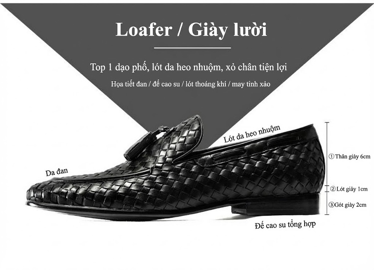 Giày Lười Nam Da Bò Đan Thủ Công Chiều Cao Đế Khoảng 2cm Màu Đen, Nâu chi tiết 2