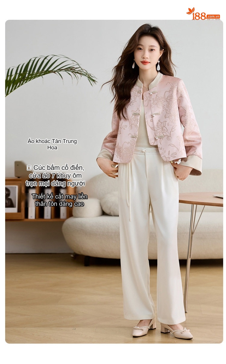 Áo Khoác Nữ Trung Hoa Cách Tân Phong Cách Quốc Dân Vải Satin Kiểu Áo Sườn Xám Thanh Lịch Màu Hồng, Kem chi tiết 6