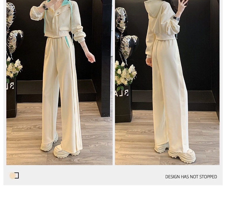 Bộ Quần Áo Thể Thao Nữ Áo Khoác Quần Ống Rộng Phong Cách Trẻ Trung Màu Kem, Xanh chi tiết 4