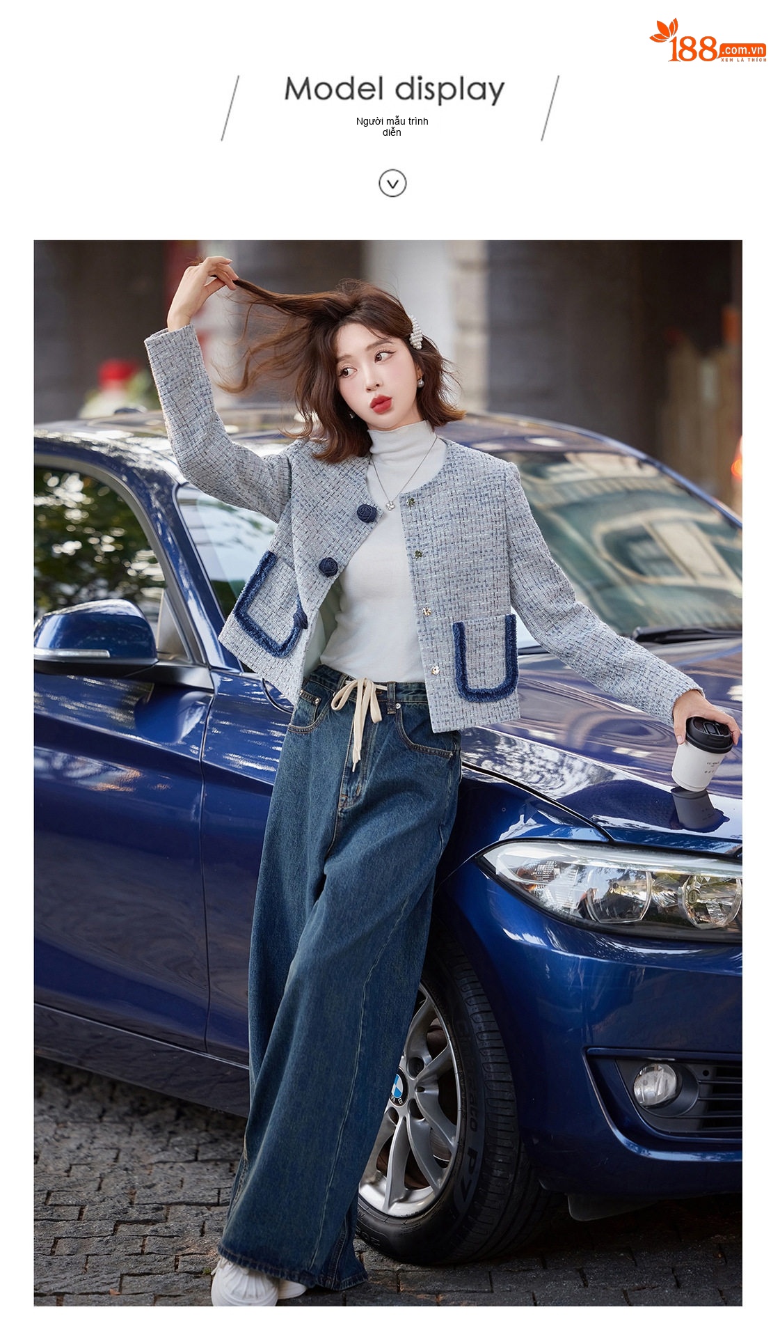 Áo Khoác Nữ Tweed Xanh Lam Cổ Tròn Đính Nút Hoa Phong Cách Tiểu Thư chi tiết 18