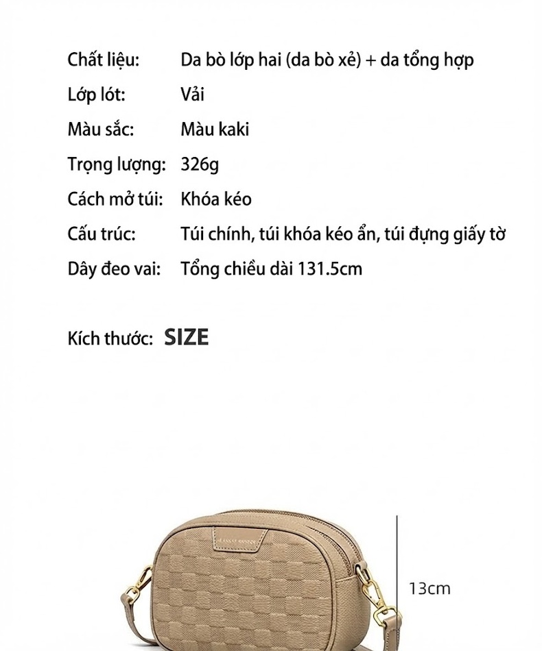 Túi Đeo Chéo Nữ Da Thật Mini Phom Vuông Màu Be chi tiết 4