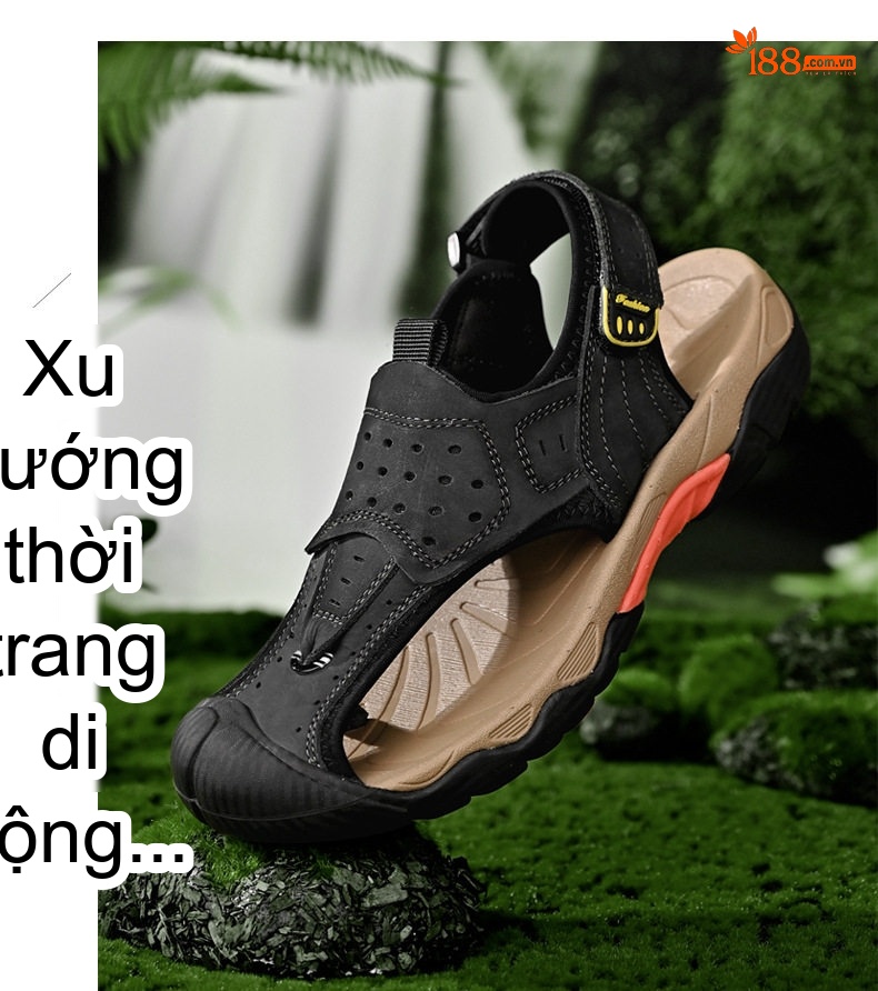 Dép Sandal Nam Da Thật Bít Mũi Thoáng Khí Chiều Cao Đế Khoảng 3cm Màu Nâu, Xám, Đen chi tiết 10