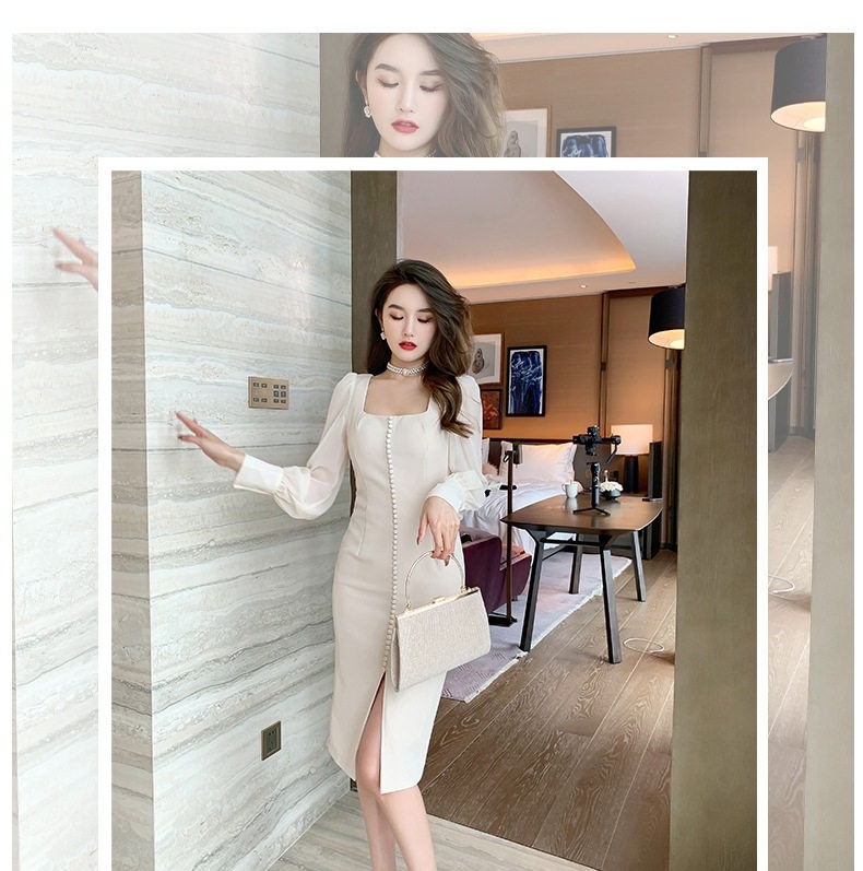 Đầm Ôm Body Nữ Cổ chữ Vuông Tay Dài Phong Cách Pháp Thanh Lịch Màu Đen, Kem chi tiết 1