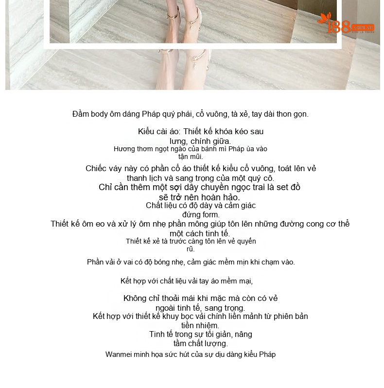 Đầm Ôm Body Nữ Cổ chữ Vuông Tay Dài Phong Cách Pháp Thanh Lịch Màu Đen, Kem chi tiết 2
