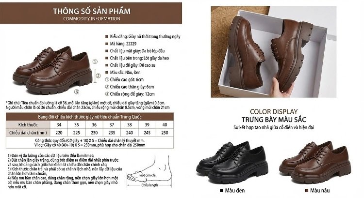 Giày Oxford Nữ Da Bò Đế Bánh Mì Chiều Cao Đế Khoảng 6cm Màu Đen, Nâu chi tiết 2