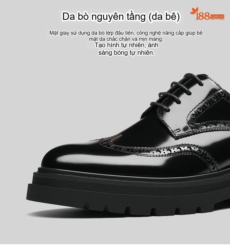 Giày Tây Buộc Dây Nam Da Bò Thật Brogue Chiều Cao Đế Khoảng 4cm Màu Đen, Đỏ Rượu chi tiết 7