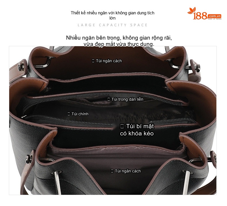 Túi Đeo Vai Nữ Da Mờ Bucket Lớn Đựng Đồ Phong Cách Tối Giản Màu Nâu, Đen chi tiết 1
