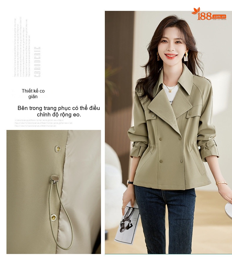 Áo Khoác Gió Nữ Cổ chữ Vest Dáng Ôm Tay Dài Màu Be, Xanh chi tiết 9
