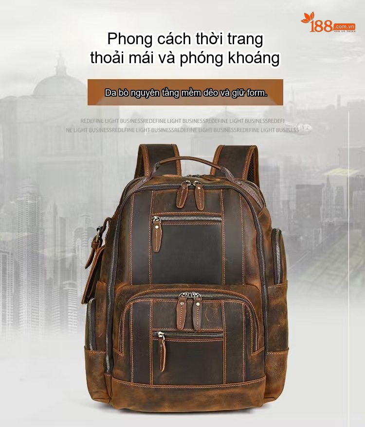 Balo Da Thật Mad Horse 15.6 Inch Dung Tích Lớn Phong Cách Retro Màu Nâu, Đen chi tiết 4