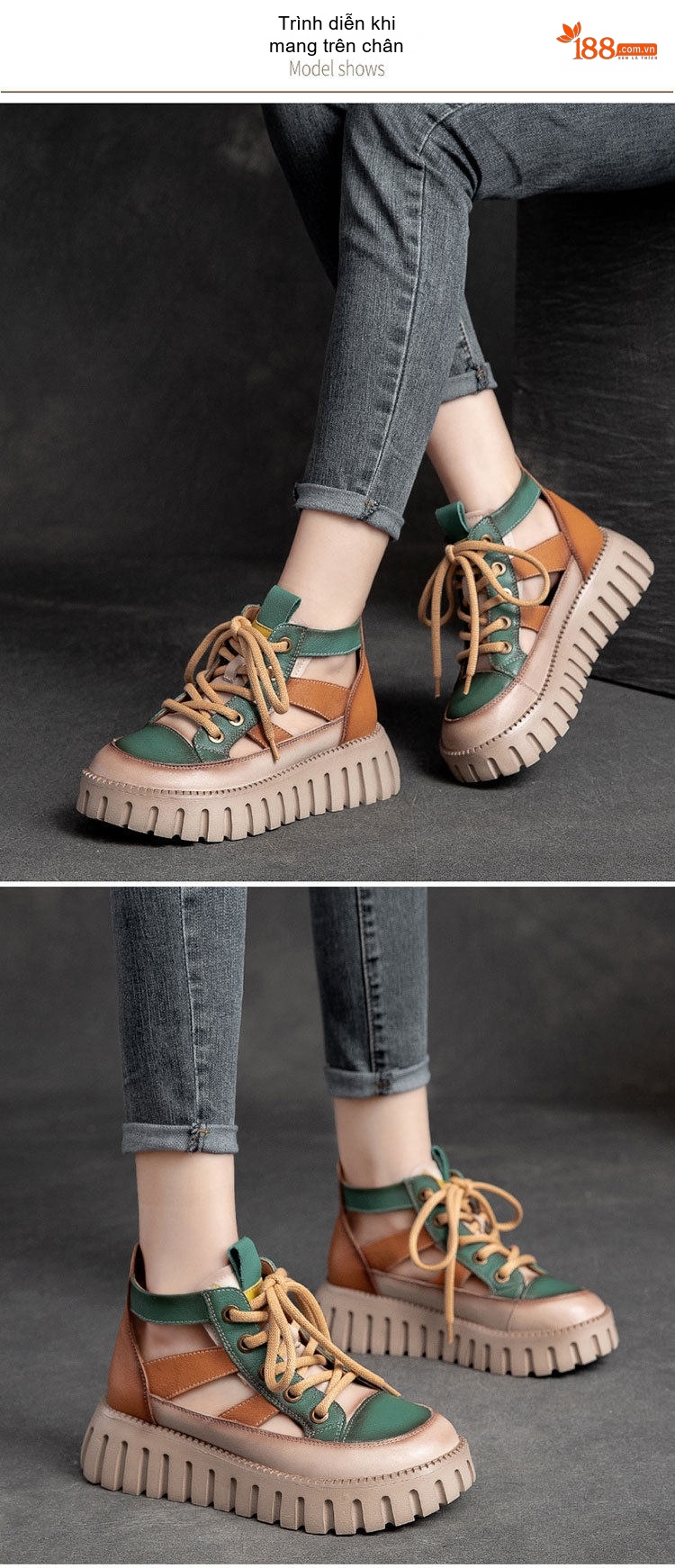 Dép Sandal Nữ Quai Da Hở Ngón Đế Bánh Mì Đế Cao 5cm - 6cm Màu Vàng, Xám, Nâu, Xanh Lá chi tiết 8