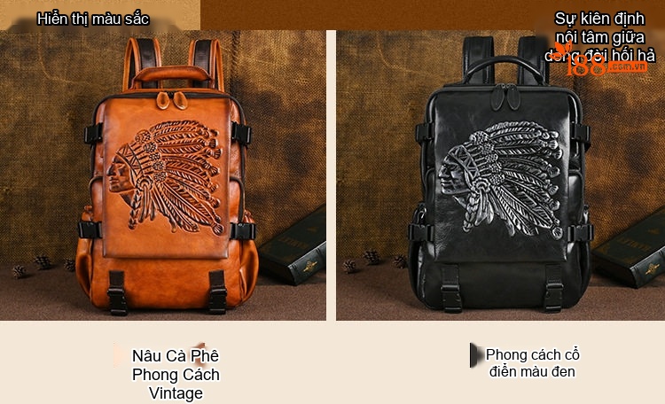 Balo Nam Da Bò Thủ Công Khắc Họa Tiết Vintage Màu Nâu, Đen chi tiết 4