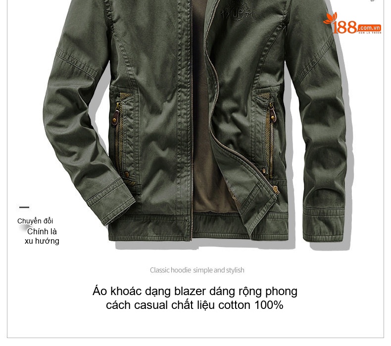 Áo Khoác Nam Công Sở Tay Dài Khóa Kéo Vải Cotton Màu Be, Xanh Navy, Xanh Rêu chi tiết 2