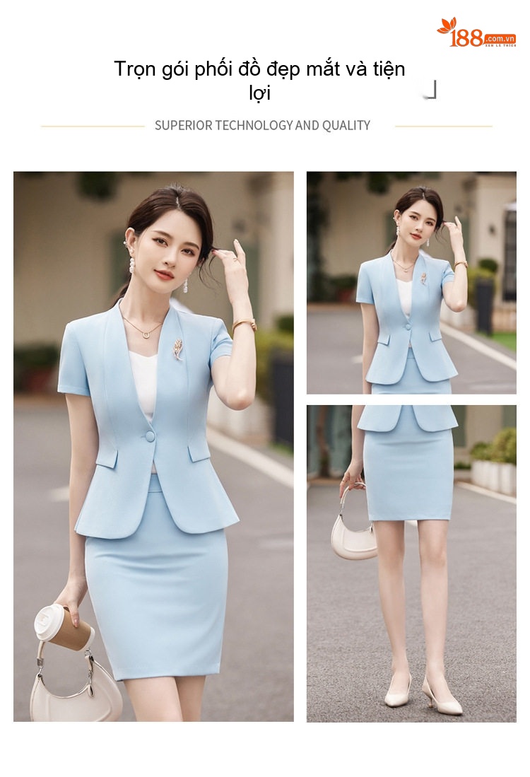 Set Bộ Vest Công Sở Nữ Tay Ngắn Quần/Chân Váy Màu Xanh, Đen, Trắng chi tiết 2