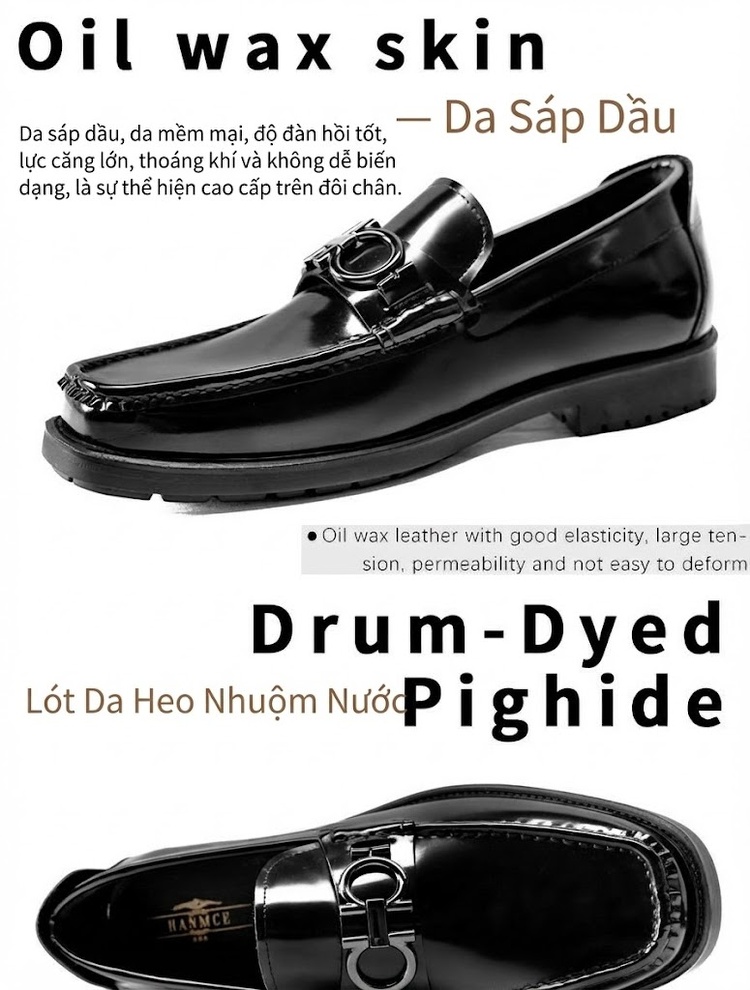 Giày Lười Nam Da Bò Doanh Nhân Chiều Cao Đế Khoảng 3cm Màu Đen chi tiết 4