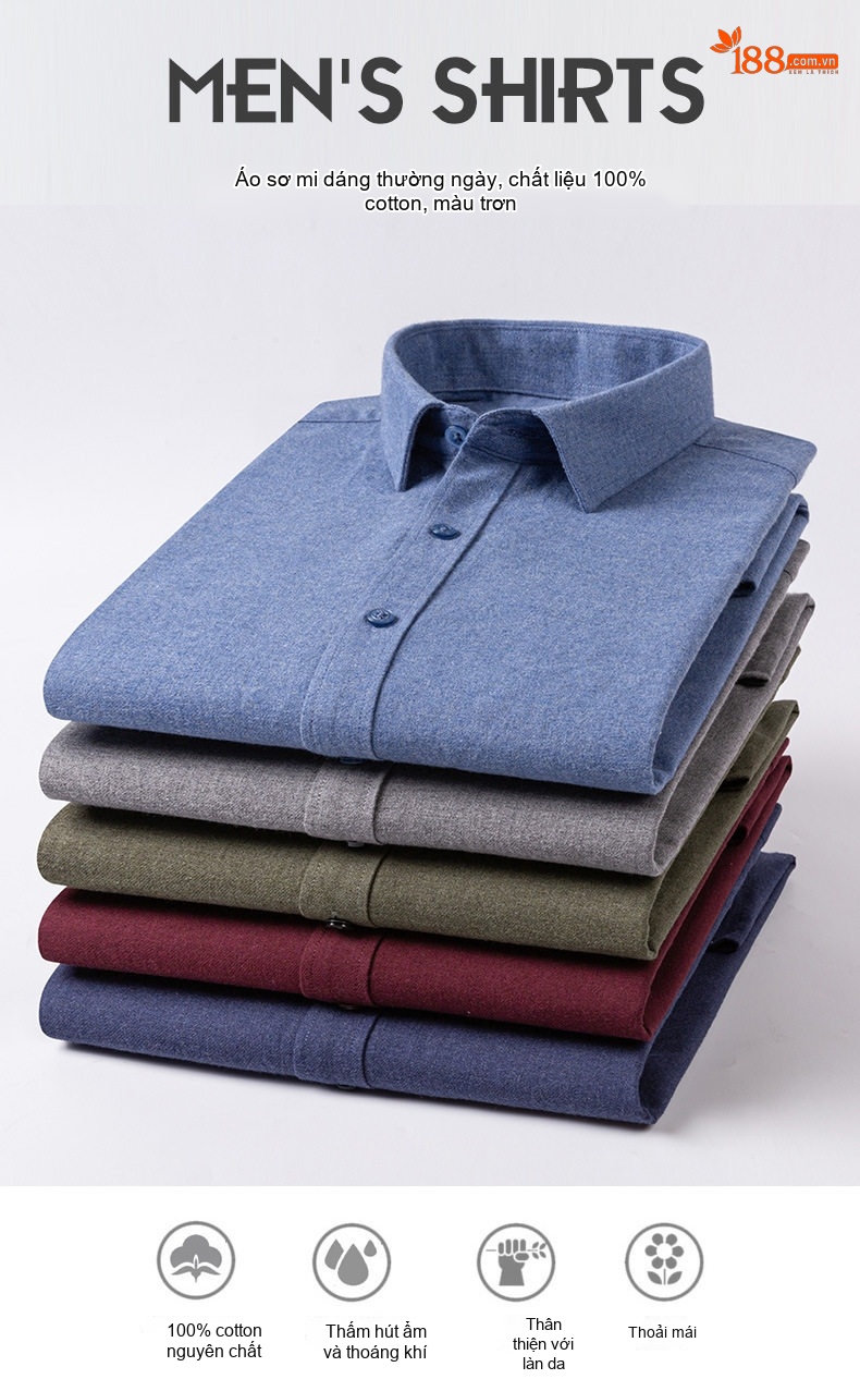 Áo Sơ Mi Nam Tay Dài Cotton Mài Lông Màu Xám, Đỏ, Xanh Dương, Xanh Lá... chi tiết 1