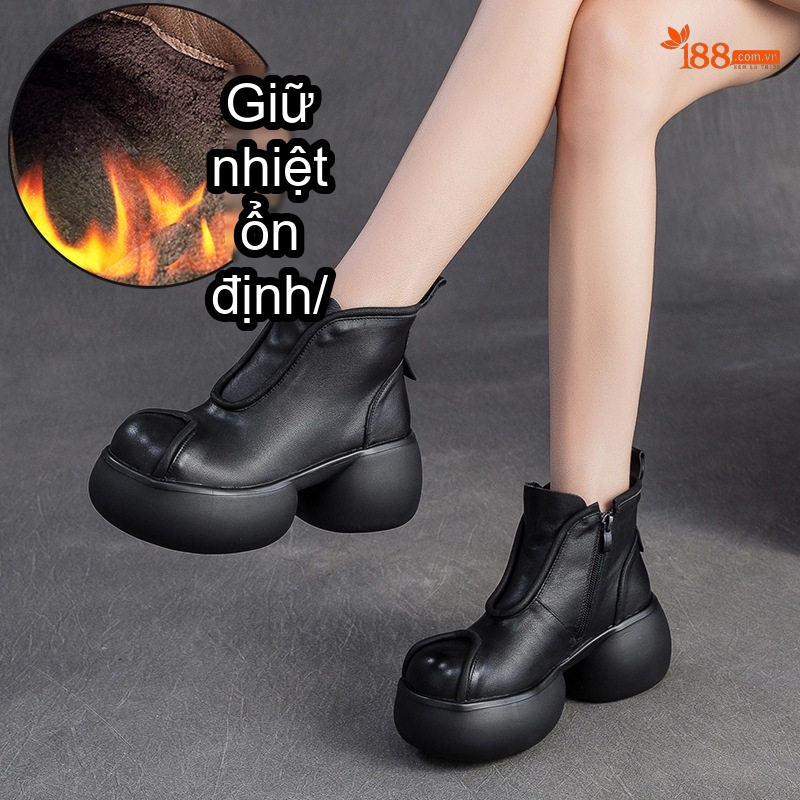 Boot Nữ Da Bò Lót Lông Cao Cấp Chiều Cao Đế Khoảng 6cm Màu Đen, Nâu
