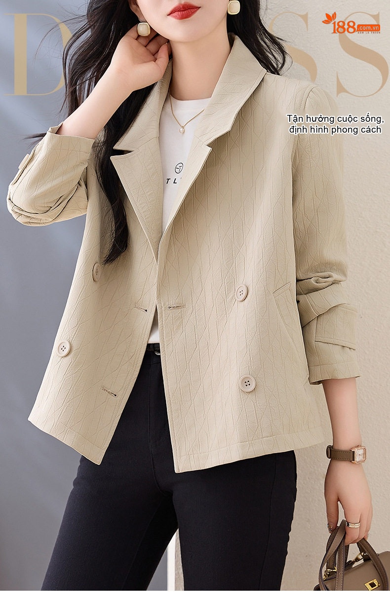 Áo Khoác Blazer Nữ Kiểu Hàn Quốc Dáng Ngắn Vải Gân Tăm Màu Be chi tiết 1