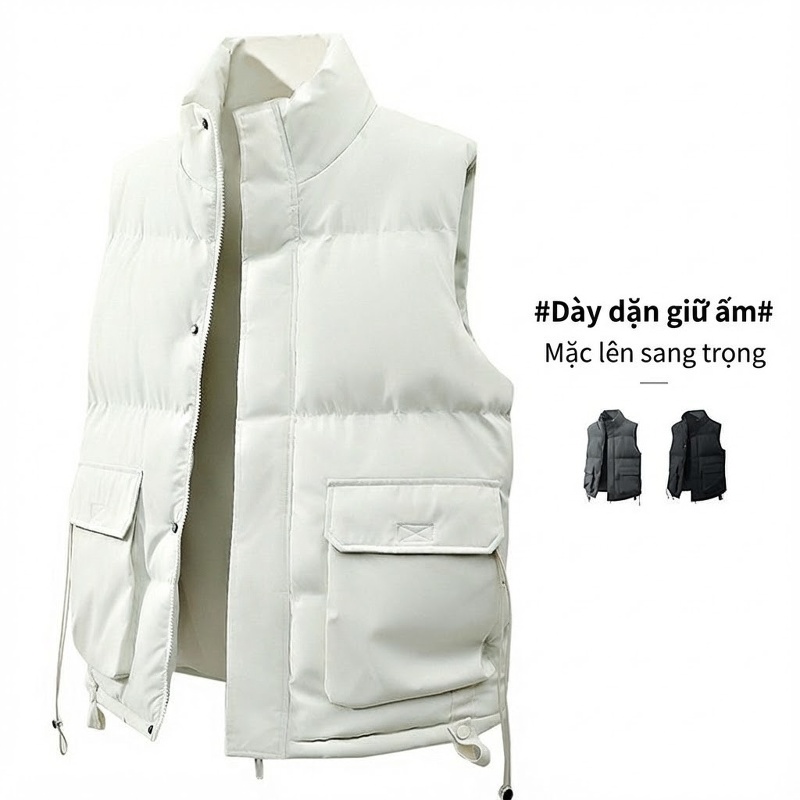 Áo Gilet Phao Nam Nữ Mùa Đông Dáng Rộng Cổ Trụ Túi Hộp Màu Đen, Trắng, Xám