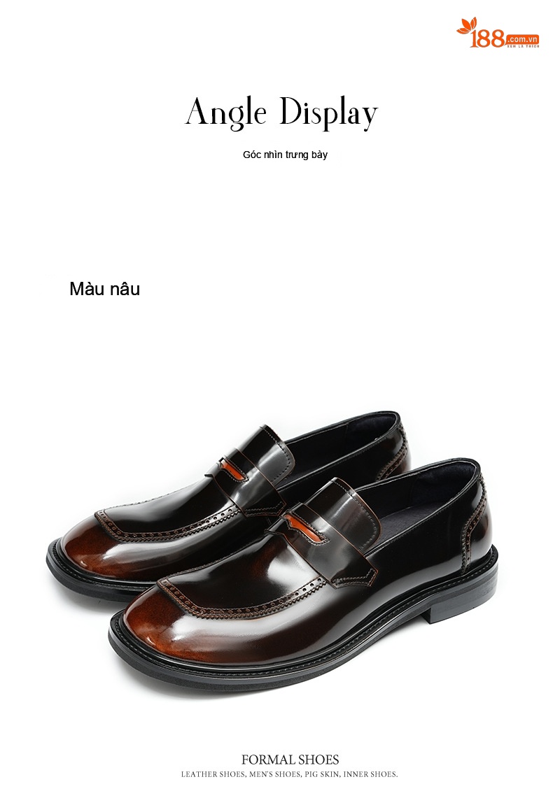 Giày Lười Nam Da Bò Mũi Vuông Da Bóng Chiều Cao Đế Khoảng 3cm Màu Đen, Nâu chi tiết 10