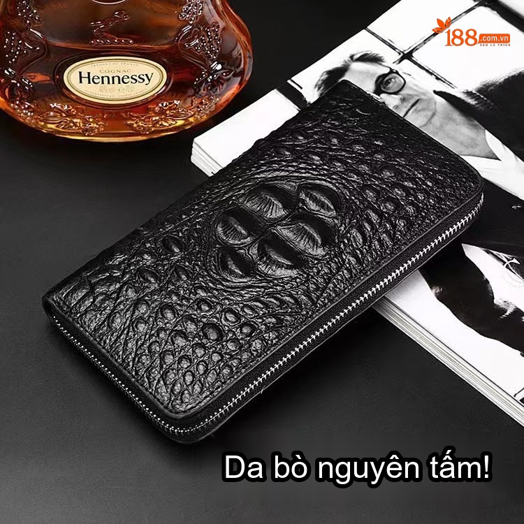Ví Dài Cầm Tay Nam Nữ Da Bò Hình Đầu Lâu Phong Cách Rock Màu Nâu chi tiết 7