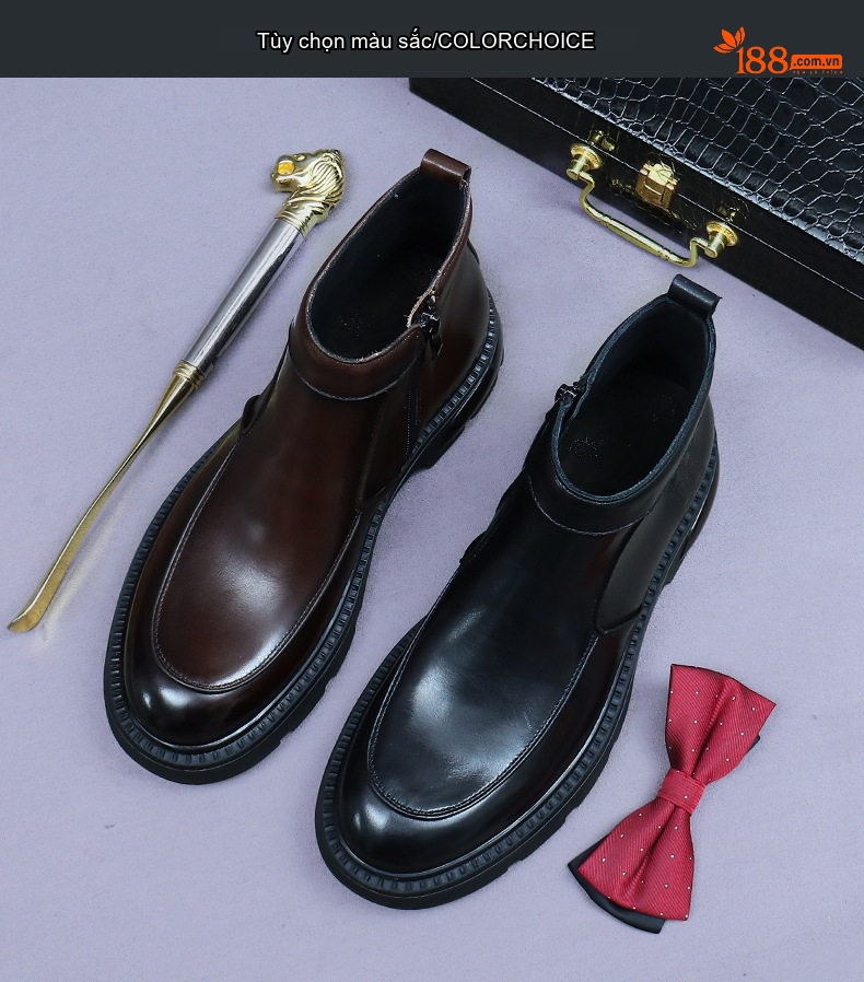 Boot Martin Nam Da Bò Khóa Kéo Chiều Cao Đế Khoảng 4cm Phong Cách Anh Màu Đen, Nâu chi tiết 2