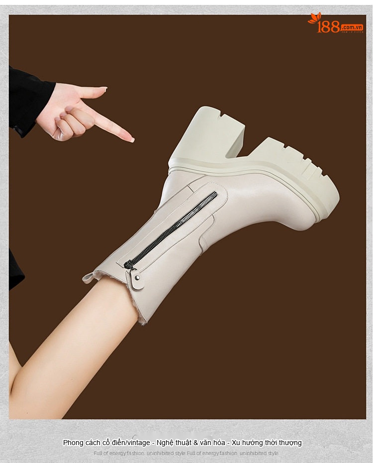 Boot Martin Nữ Da Thật Đế Cao 12cm Phong Cách Anh Quốc Màu Đen, Trắng chi tiết 7