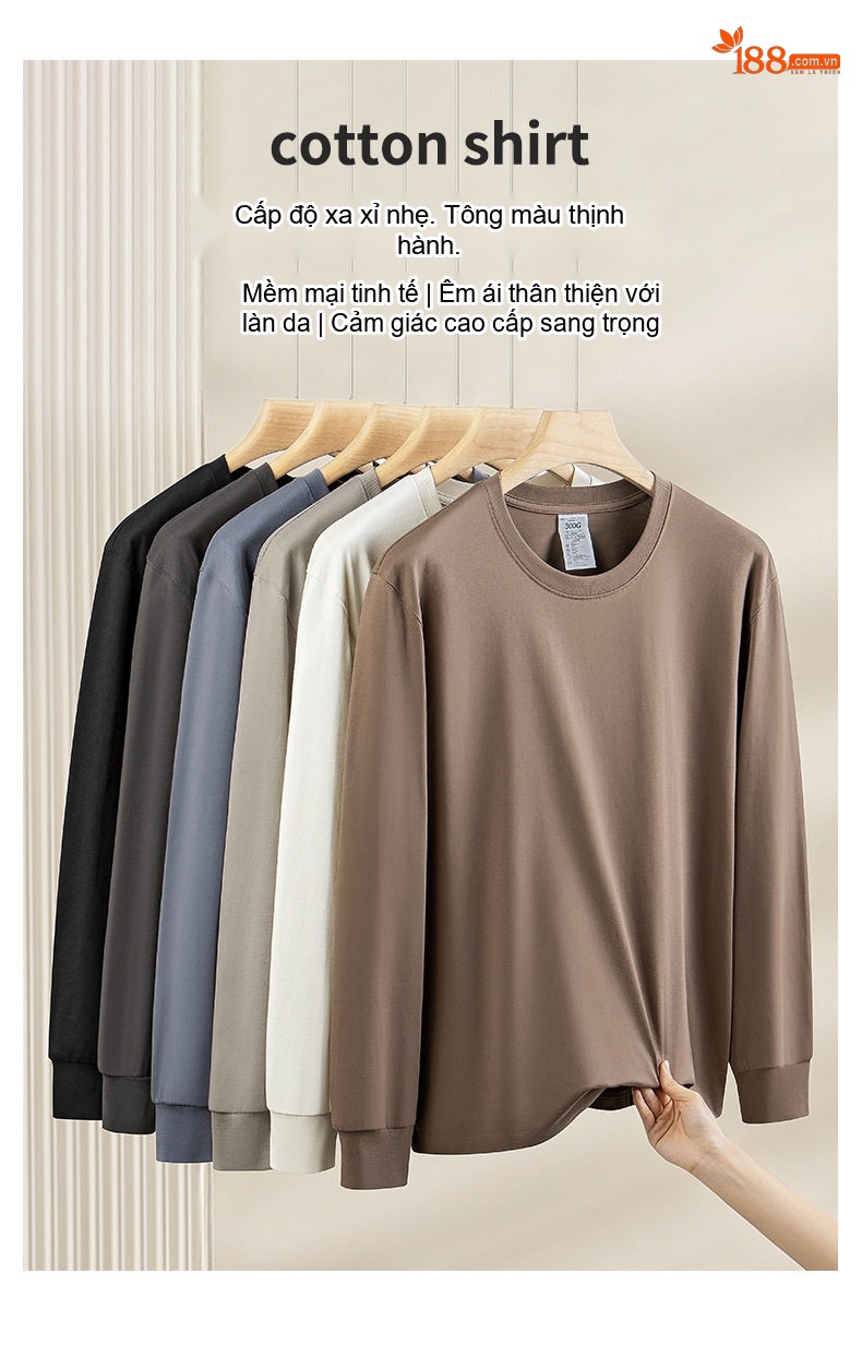 Áo Thun Tay Dài Nam Cotton 300g Cổ Tròn Màu Nâu, Xám, Trắng, Đen... chi tiết 9