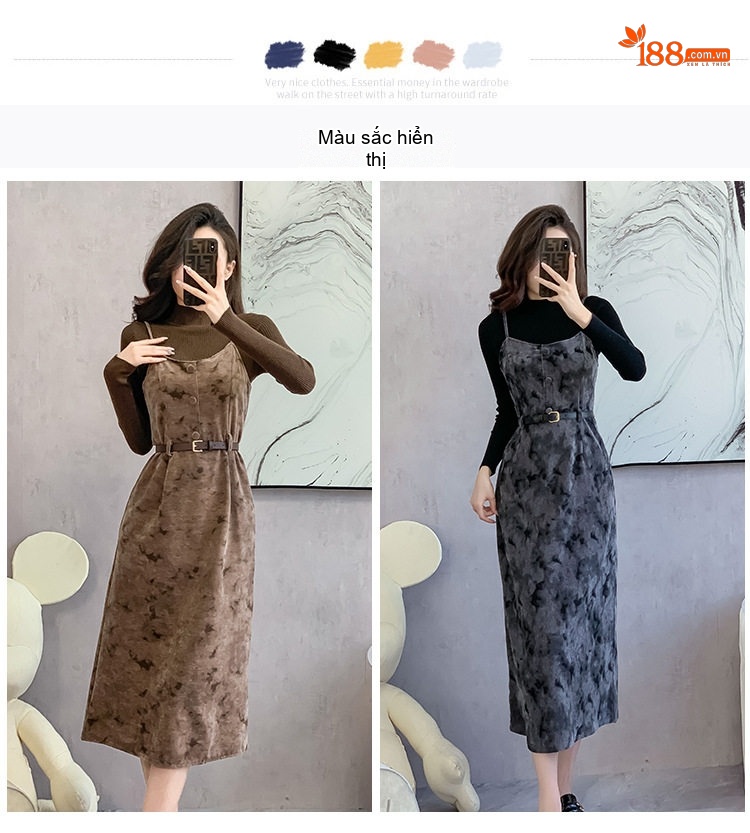 Set Áo Dệt Kim Cổ Lọ Tay Dài Và Váy Hai Dây Nữ Phong Cách Pháp Màu Nâu, Xám chi tiết 4