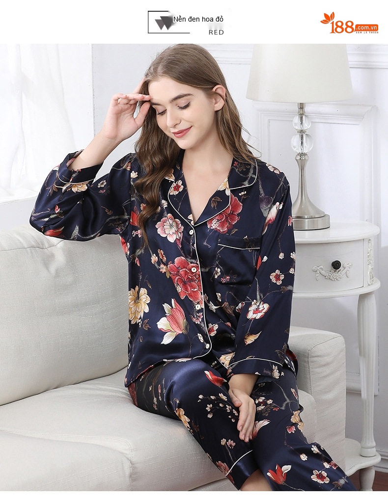 Bộ Pijama Lụa Tơ Tằm Dài Tay Nữ Size Lớn Họa Tiết Hoa Mùa Thu chi tiết 13