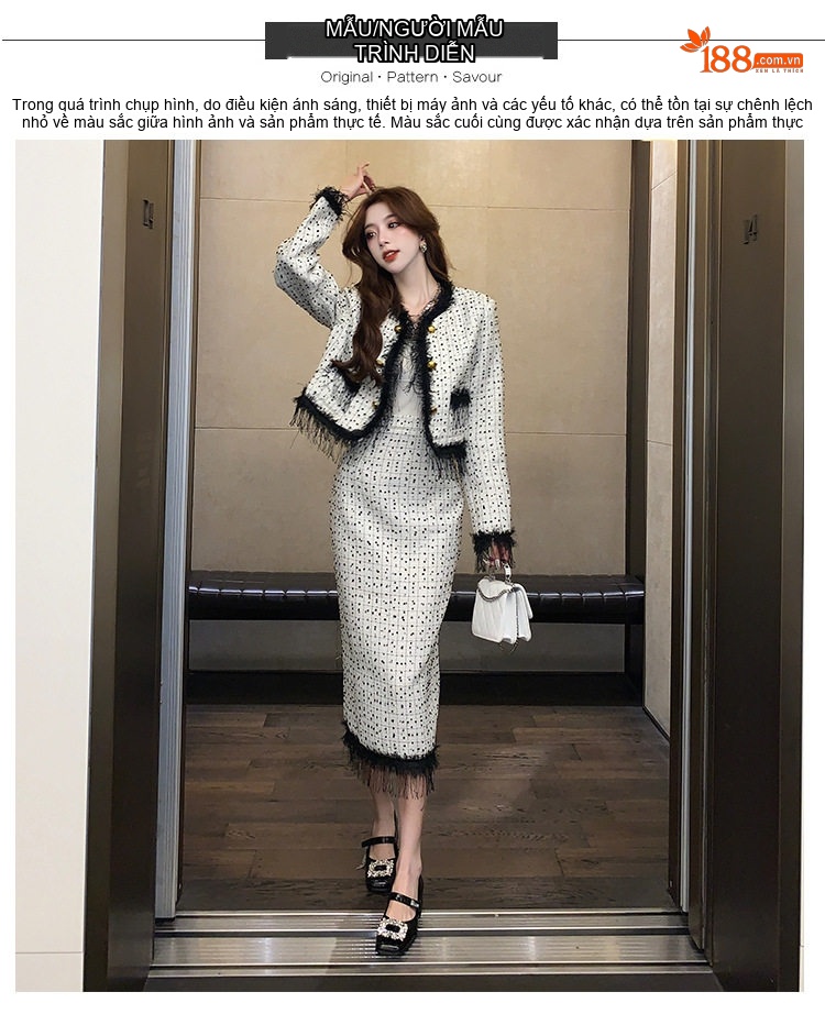 Set Áo Khoác Lửng và Chân Váy Tweed Phong Cách Tiểu Thư Viền Tua Rua Màu Trắng, Đen chi tiết 7
