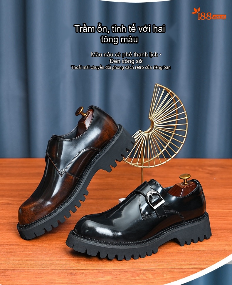 Giày Tây Monk Strap Nam Da Bóng Chiều Cao Đế Khoảng 4cm Màu Đen, Nâu chi tiết 5