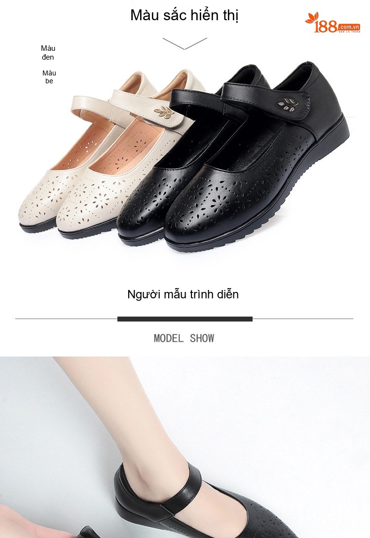 Giày Búp Bê Nữ Da Thật Quai Dán Khoét Lỗ Thoáng Khí Chiều Cao Đế Khoảng 3cm Màu Đen, Kem chi tiết 5