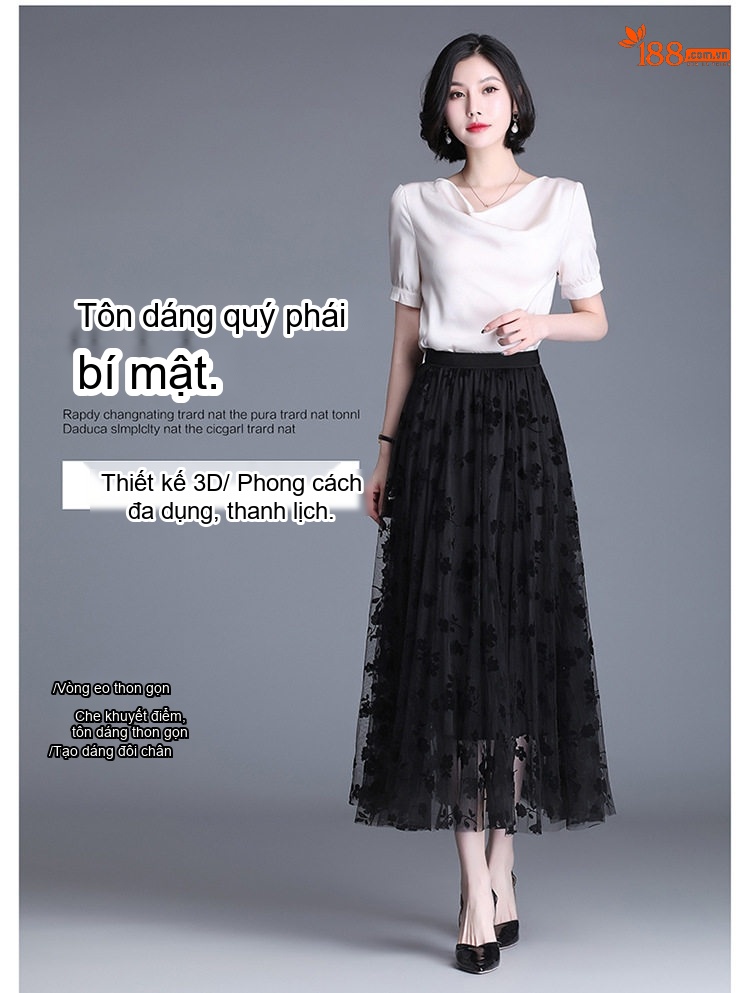 Chân Váy Lưới Nữ dáng chữ A Xòe Lớn Thêu Hoa Nhung Phong Cách Hàn Quốc Màu Nâu, Đen, Xanh chi tiết 1