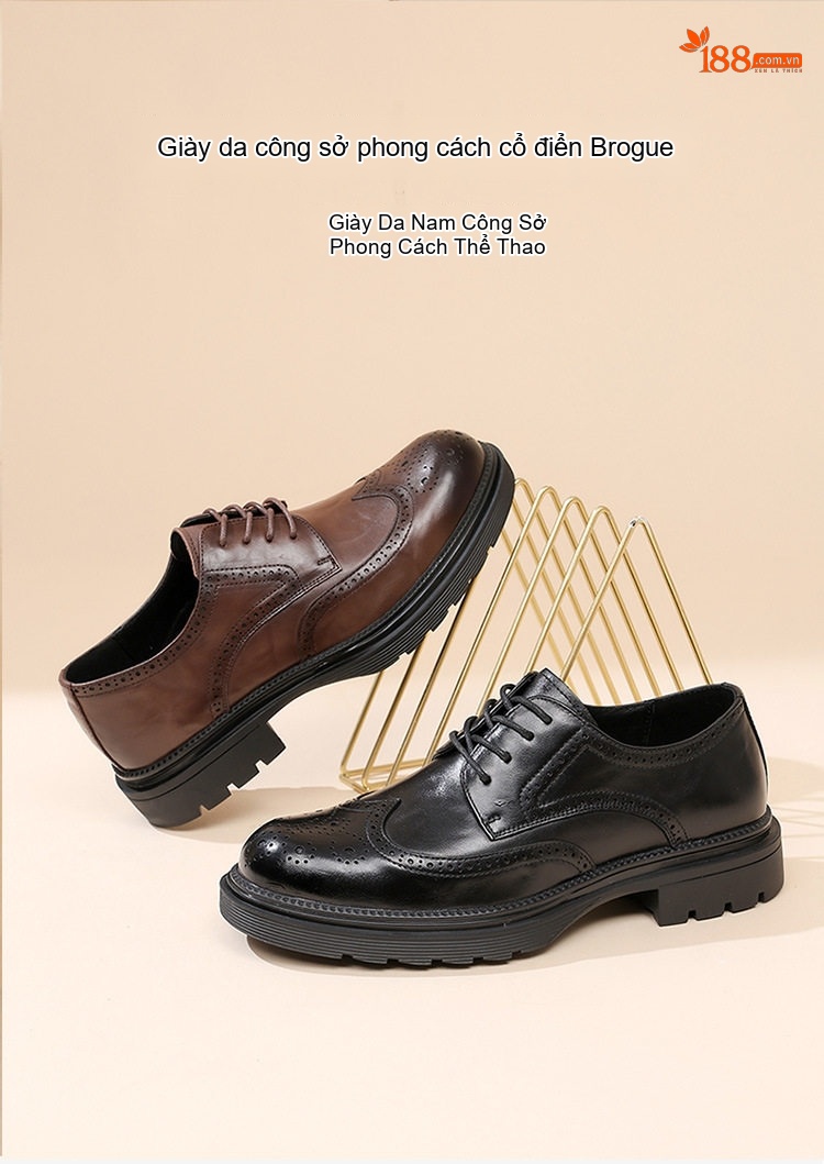 Giày Tây Buộc Dây Nam Da Thật Brogue Chiều Cao Đế Khoảng 3.5cm Màu Nâu, Đen chi tiết 1