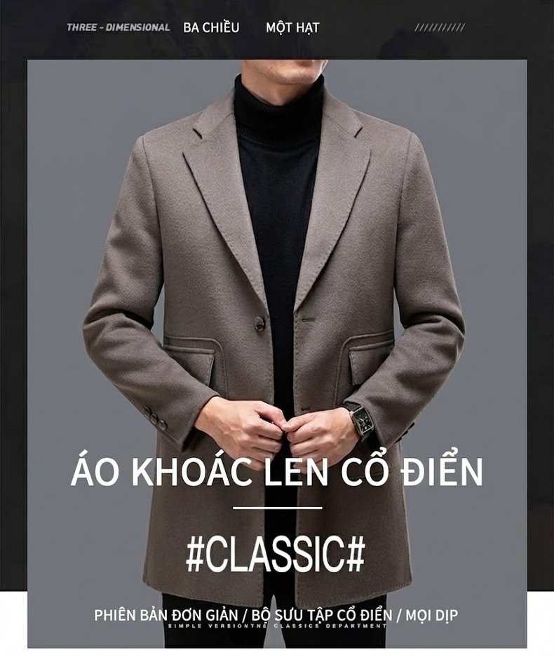 Áo Khoác Dạ Nam Dáng Dài Có Lớp Lót Lông Vũ Tháo Rời Màu Đen, Nâu chi tiết 1