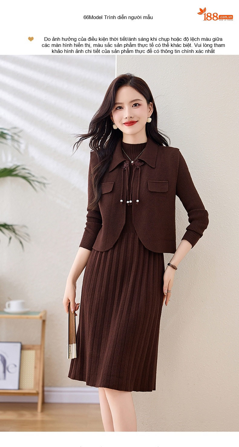 Váy Dệt Kim Dáng Ôm Thiết Kế Tay Dài Kèm Áo Khoác Gilê Bộ Hai Chiếc Màu Nâu, Be, Đỏ Rượu chi tiết 15
