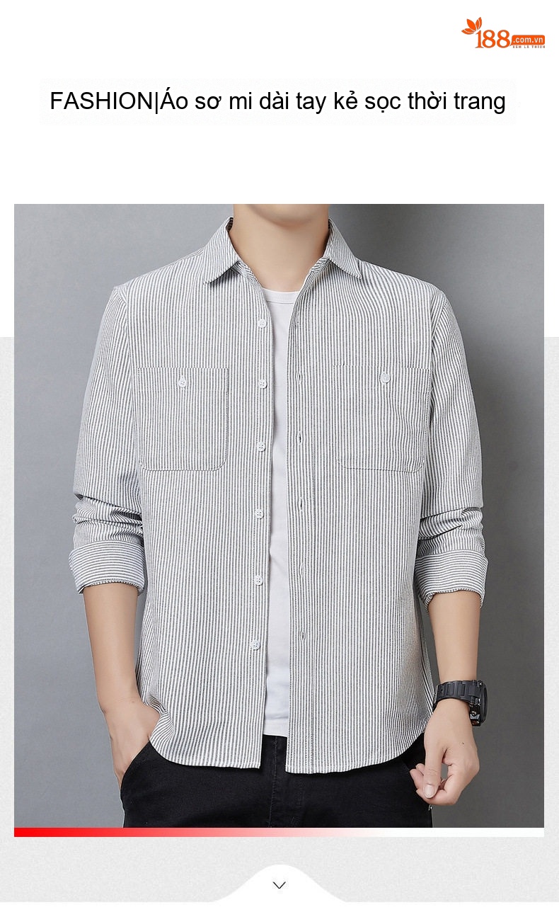 Áo Sơ Mi Dài Tay Nam Cotton Dáng Rộng Phong Cách Công Sở Màu Xanh Nhạt, Xám chi tiết 1