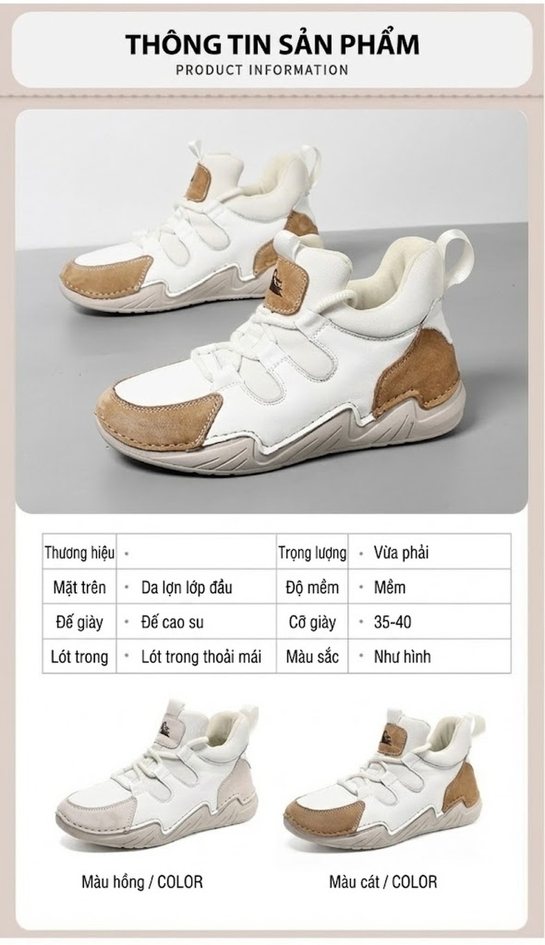 Giày Martin Nữ Da Thật Cổ Cao Chiều Cao Đế Khoảng 3cm Phong Cách Thể Thao Màu Trắng, Nâu chi tiết 4