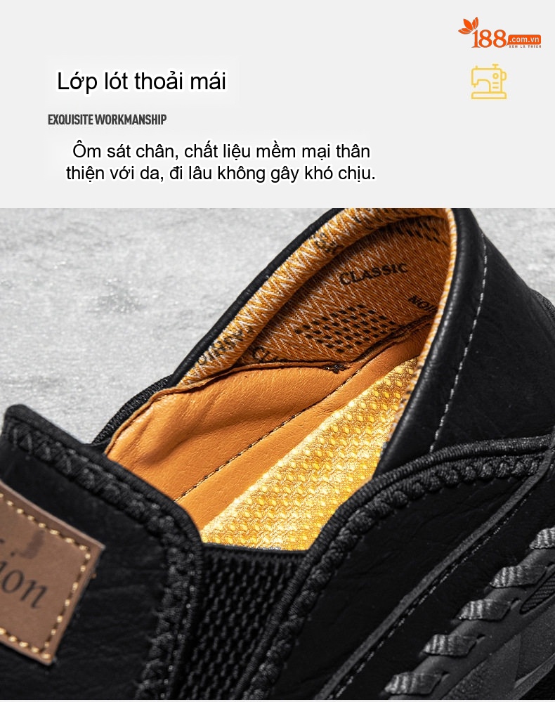 Giày Lười Nam Da Mờ May Thủ Công Chiều Cao Đế Khoảng 3cm Màu Nâu, Đen chi tiết 5