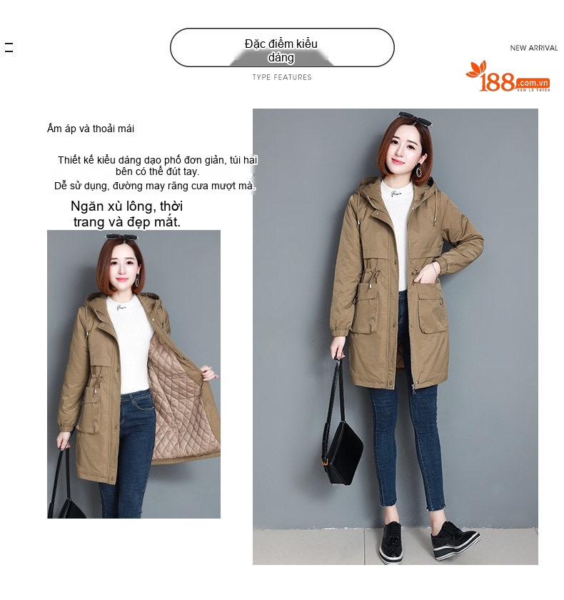 Áo Khoác Phao Nữ Dáng Dài Vừa Cotton Chần Bông Dày Ấm Áp Có Mũ Trùm Đầu Màu Đen, Nâu chi tiết 3